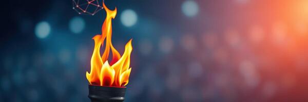 Flame illuminates dark atmosphere during a vibrant celebration with abstract designs in the background photo