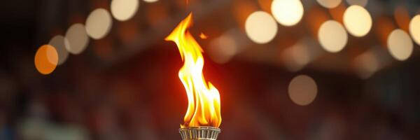 Flame flickers from a traditional torch illuminating a dimly lit background during a festive gathering in the evening photo