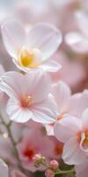 Delicate white and pink flowers blooming in soft focus, capturing the essence of springtime beauty and tranquility photo