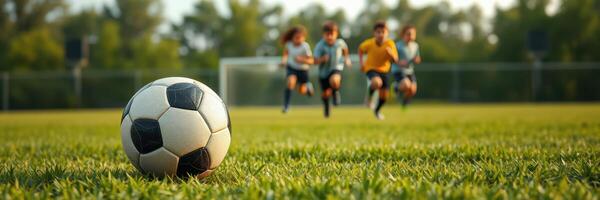 Group of young players practicing soccer on a lush green field during late afternoon sunshine photo