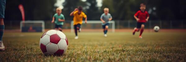 Young children having fun playing soccer on a grassy field during a sunny afternoon in a local park photo
