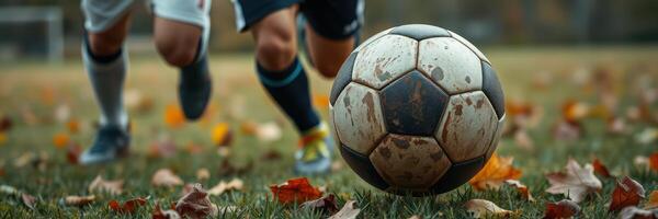 Players sprint toward a dirty soccer ball on an autumn field filled with fallen leaves photo