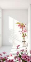 Bright indoor space showcasing vibrant pink flowers in a minimalist room during daylight hours photo