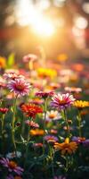 Vibrant flowers blooming in a sunlit garden during golden hour in springtime photo