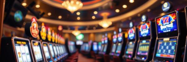 Exciting atmosphere in a bustling casino with vibrant slot machines and lively patrons enjoying their night out photo