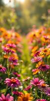Vibrant summer flowers bloom in a sunny field, showcasing colorful petals and lush greenery photo