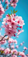 Cherry blossoms bloom under a bright blue sky during springtime in a peaceful garden setting photo