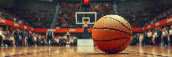 Excitement builds as basketball rolls towards the hoop during an intense game in a packed arena photo