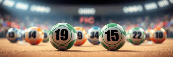 Colorful lottery balls arranged neatly in a hall with excitement in the air during a lottery draw event photo