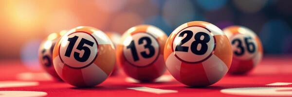 Many colorful lottery balls numbered 13, 15, 28, and 36 on a vibrant red surface ready for drawing photo
