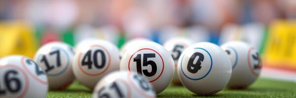 Bingo balls spread across a green carpet during a lively game night event in a community hall photo
