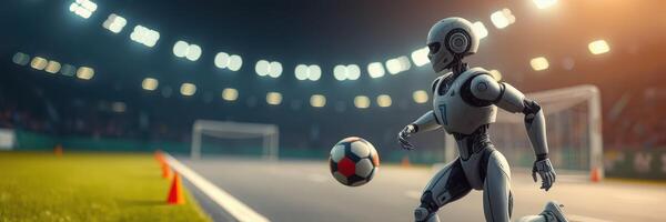 Robot competes in soccer match under stadium lights during evening event photo