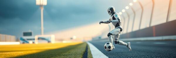 Robot dribbles a soccer ball along a field during a dramatic sunset at a sports stadium photo