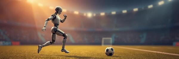 Robot performs a kick on a soccer field in an empty stadium during sunset hours photo