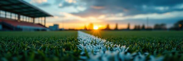 Sunset over a lush green soccer field with marked white lines at a sports venue photo