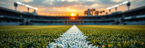 Sunset view over a football stadium highlighting the field and goalposts during match preparations in early evening photo