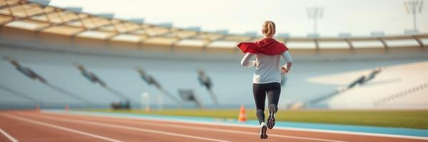 Woman runs on an empty athletic track in a stadium during early morning hours with warm sunlight shining photo