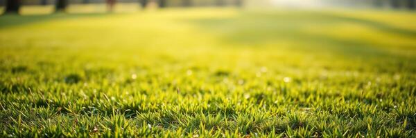 Lush green grass under soft sunlight in a tranquil park setting on a warm afternoon photo