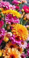 Bright and colorful bouquet of blooming flowers in vibrant shades during springtime in a garden photo