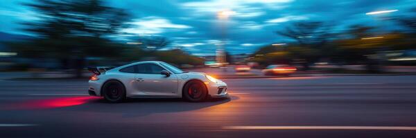 Fast white sports car racing along a city street at twilight with blurred lights in the background photo