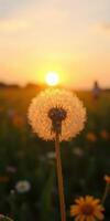 Dandelion silhouette against a beautiful sunset in a vibrant field of flowers photo