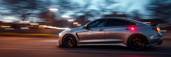 Sleek silver car speeding down a dimly lit street at twilight with motion blur effects photo