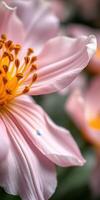 Close-up of delicate pink flower with vivid yellow stamen in a lush garden setting during springtime bloom photo