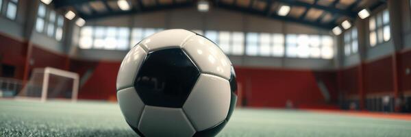 Indoor soccer ball on the green turf in a well-lit sports hall during a friendly match practice session photo