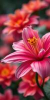 Vibrant pink flowers bloom in a lush garden, showcasing delicate petals and vivid colors during a sunny afternoon photo