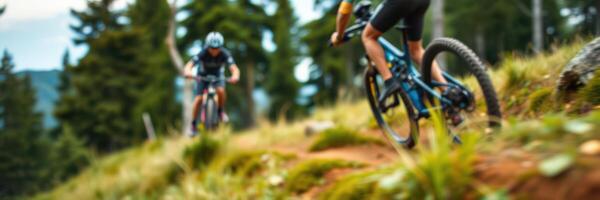 Mountain bikers navigate a challenging trail through a lush forest during a sunny afternoon photo
