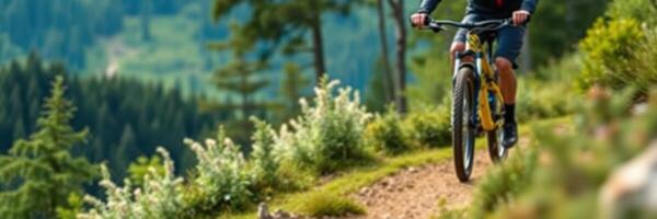 Mountain biking on a scenic trail surrounded by lush greenery and distant mountains in bright daylight photo