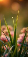 Close-up view of green grass blades against a backdrop of soft pink flowers at sunset photo