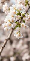 Cherry blossom flowers bloom on a branch in early spring sunlight creating a serene atmosphere in a park photo