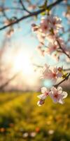Blossoming cherry flowers in a sunny field during springtime near sunset photo