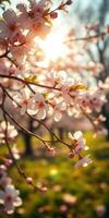 Beautiful cherry blossom tree blooms in sunlight during spring season in a park photo