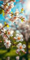 Cherry blossom branches bloom under a bright spring sky in a tranquil park setting photo