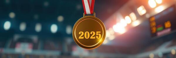 Gold medal for excellence awarded in a sports event awaiting the 2025 competitions held in a large indoor arena photo