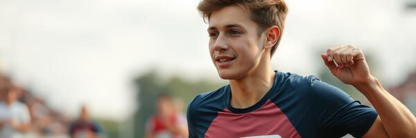 Young athlete runs confidently during a track event in a sunny outdoor stadium photo