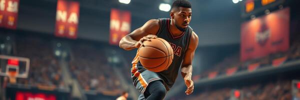 Professional basketball player dribbling the ball during an intense game in a packed arena photo