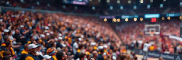 Crowd cheering passionately during a basketball game in a packed arena filled with vibrant colors and excitement photo