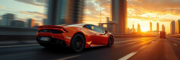 Luxurious sports car accelerates on a city highway during sunset hours in a vibrant urban landscape photo