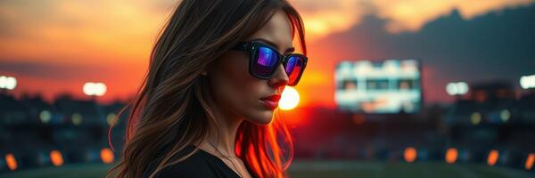 Portrait of a woman wearing sunglasses at sunset in a stadium with bright lights in the background photo