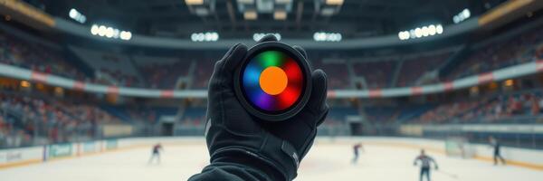 Hand holding a colorful lens at an ice rink during a hockey practice session in a large indoor arena photo
