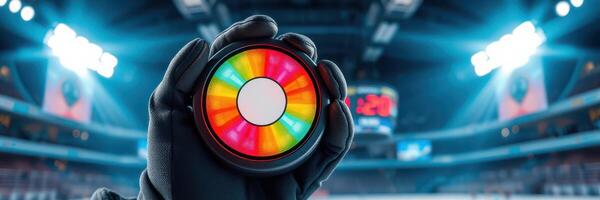 Colorful hockey puck held up against the bright arena lights during an exciting game night photo