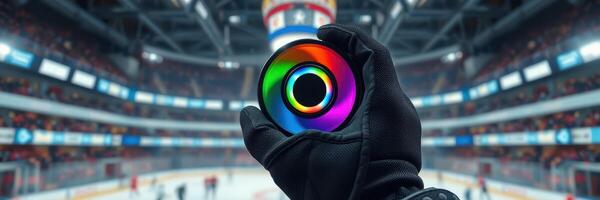 Colorful hockey puck held by a player in a lively ice rink during a competitive match photo