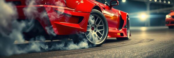 High-performance car drifting with smoke at night on racetrack photo