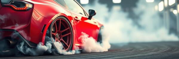 Red sports car performs a burnout in a dimly lit automotive workshop during evening hours photo