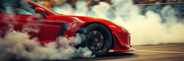 Red sports car performs tire smoke show at racing event on a sunlit track photo