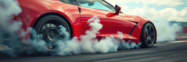 Red sports car performs tire burnouts on a racetrack during a sunny day photo