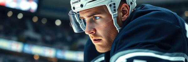 Intense focus of a hockey player preparing for action on the ice during a competitive match photo